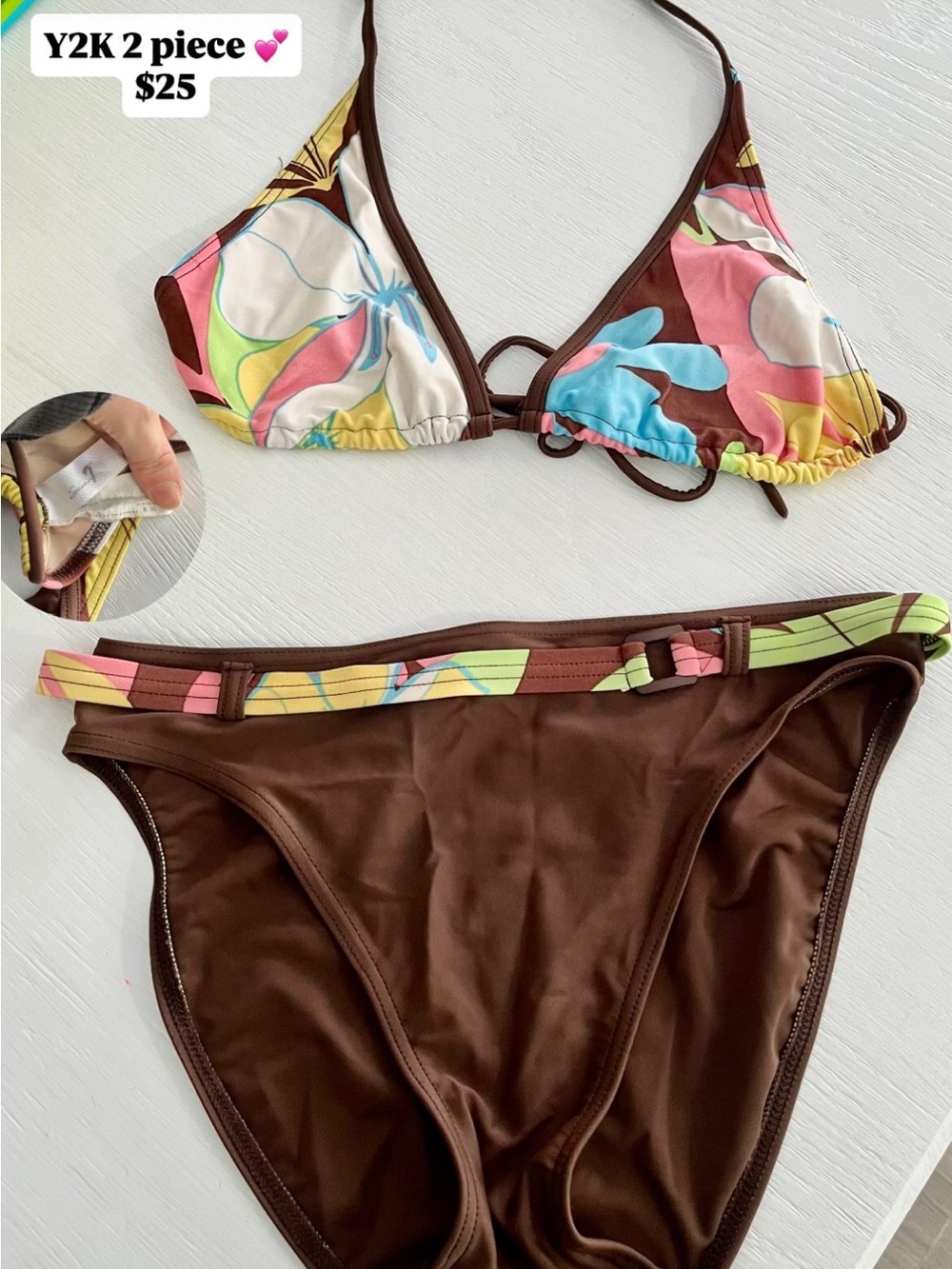 Two-Piece Brown Floral Triangle Bikini Top and Bottom